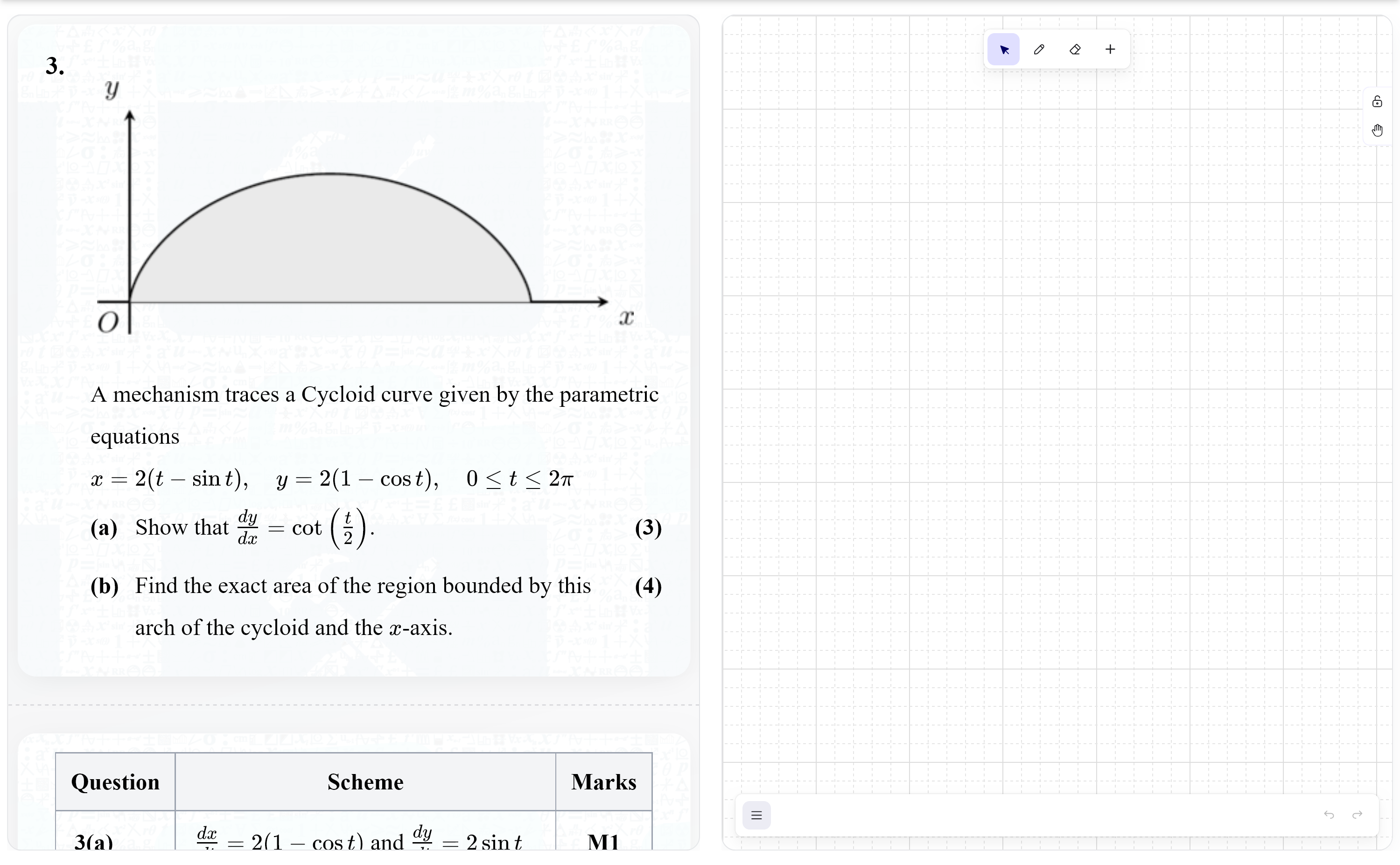 Toolbox Maths Question Viewer — 3-panel interface with question, whiteboard and mark scheme