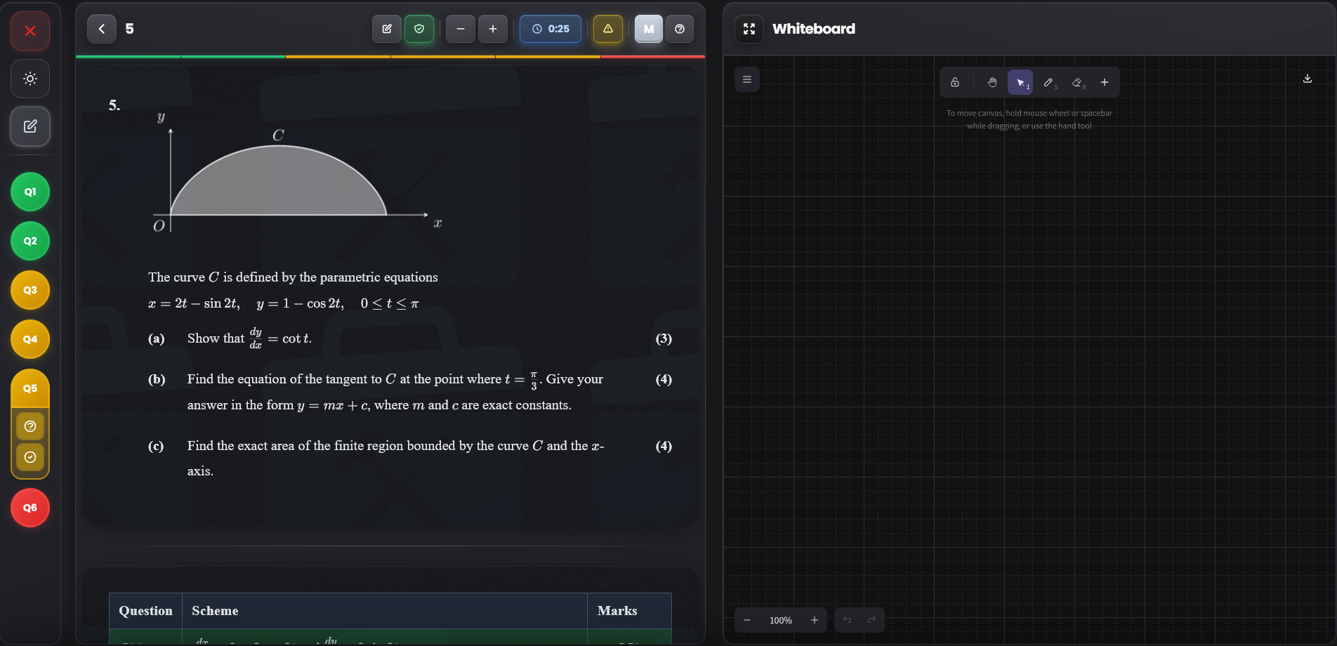 Toolbox Maths Question Viewer — 3-panel interface with question, whiteboard and mark scheme