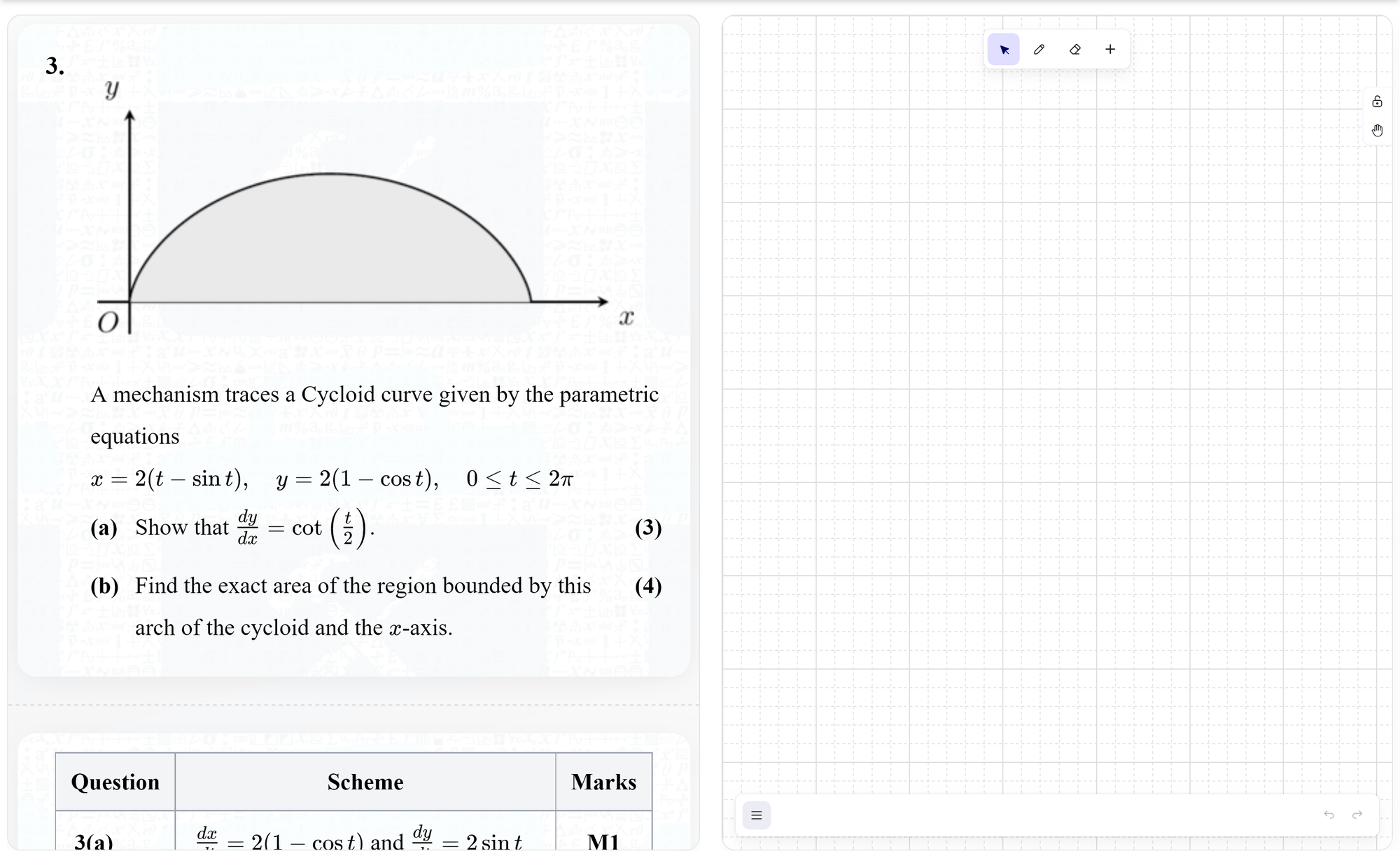 Toolbox Maths Question Viewer - 3-panel interface with question, whiteboard and mark scheme.